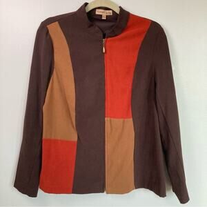 Vintage Womens M 90s Brown Faux Suede Color Block Patchwork Jacket Abstract Boho